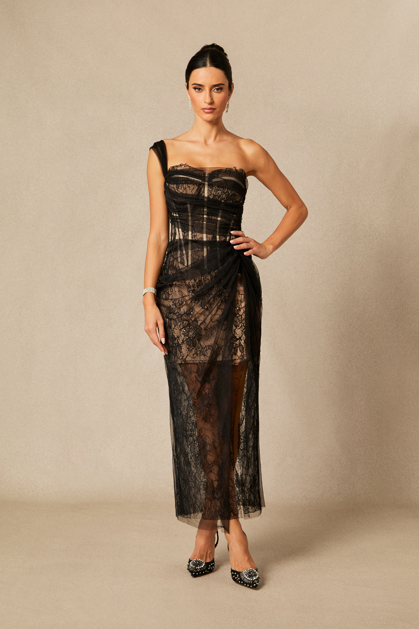 Bonnie One Shoulder Corset Black Maxi Dress | sunfere