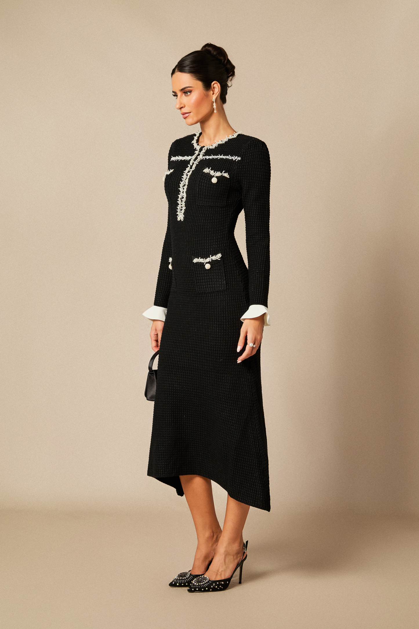 Angie Contrast Trim Pearl Knit Midi Dress