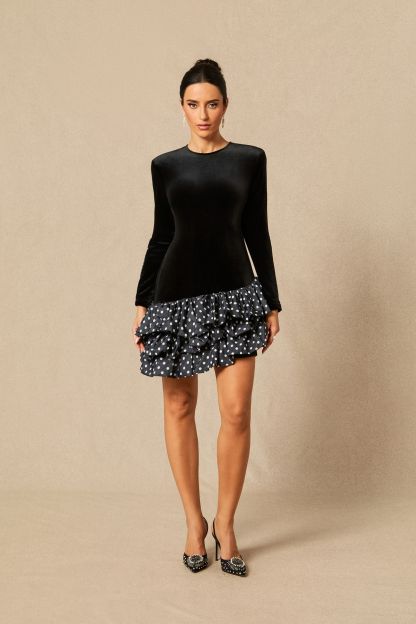 Hermosa Ruffle Asymmetric Hem Mini Velvet Dress