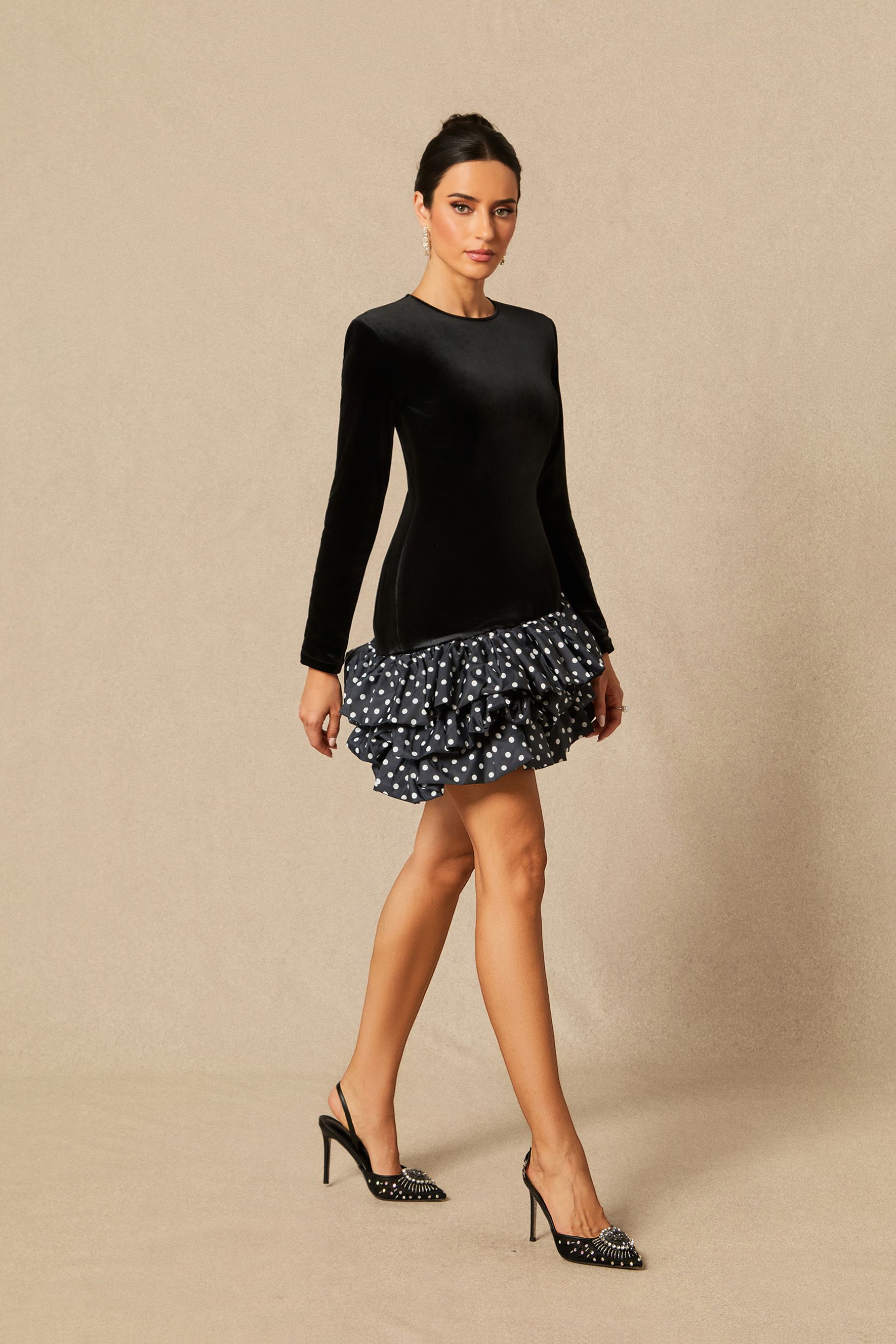 Hermosa Ruffle Asymmetric Hem Mini Velvet Dress