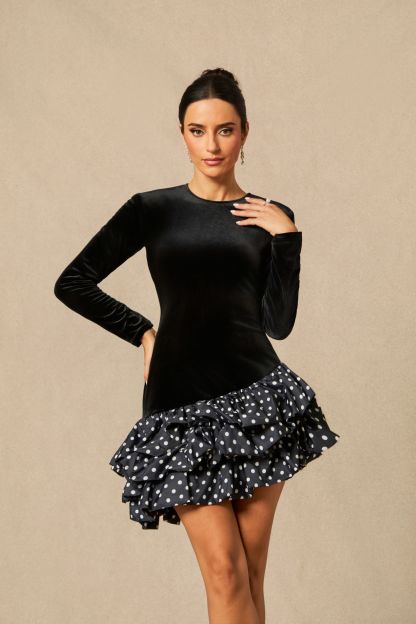 Hermosa Ruffle Asymmetric Hem Mini Velvet Dress
