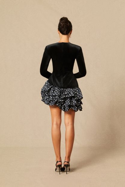 Hermosa Ruffle Asymmetric Hem Mini Velvet Dress