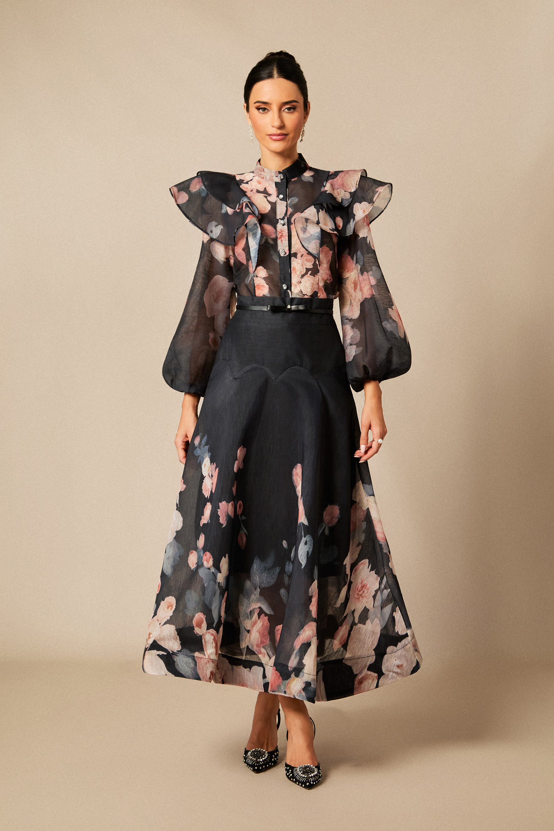 Alexandra Floral Print Lantern Sleeve Shirt & Skirt Set