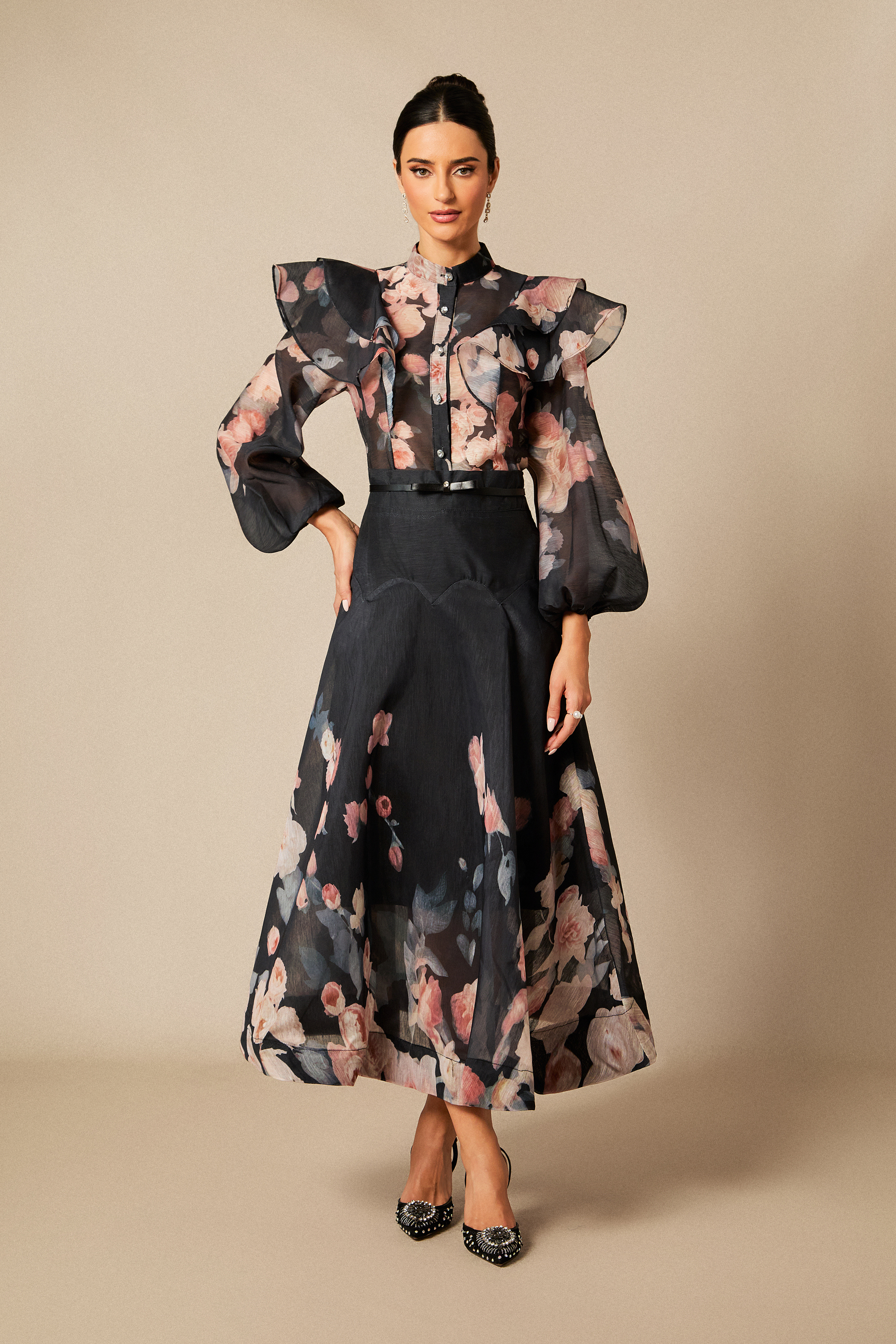 Alexandra Floral Print Lantern Sleeve Shirt & Skirt Set