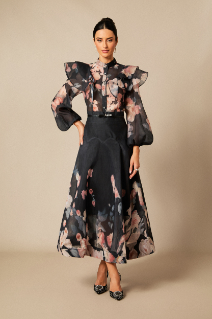 Alexandra Floral Print Lantern Sleeve Shirt & Skirt Set