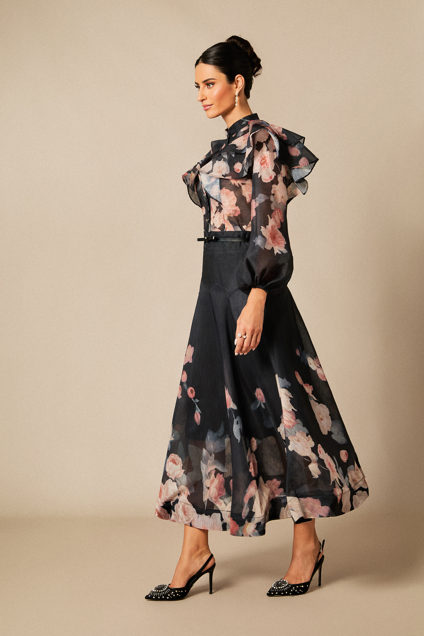 Alexandra Floral Print Lantern Sleeve Shirt & Skirt Set