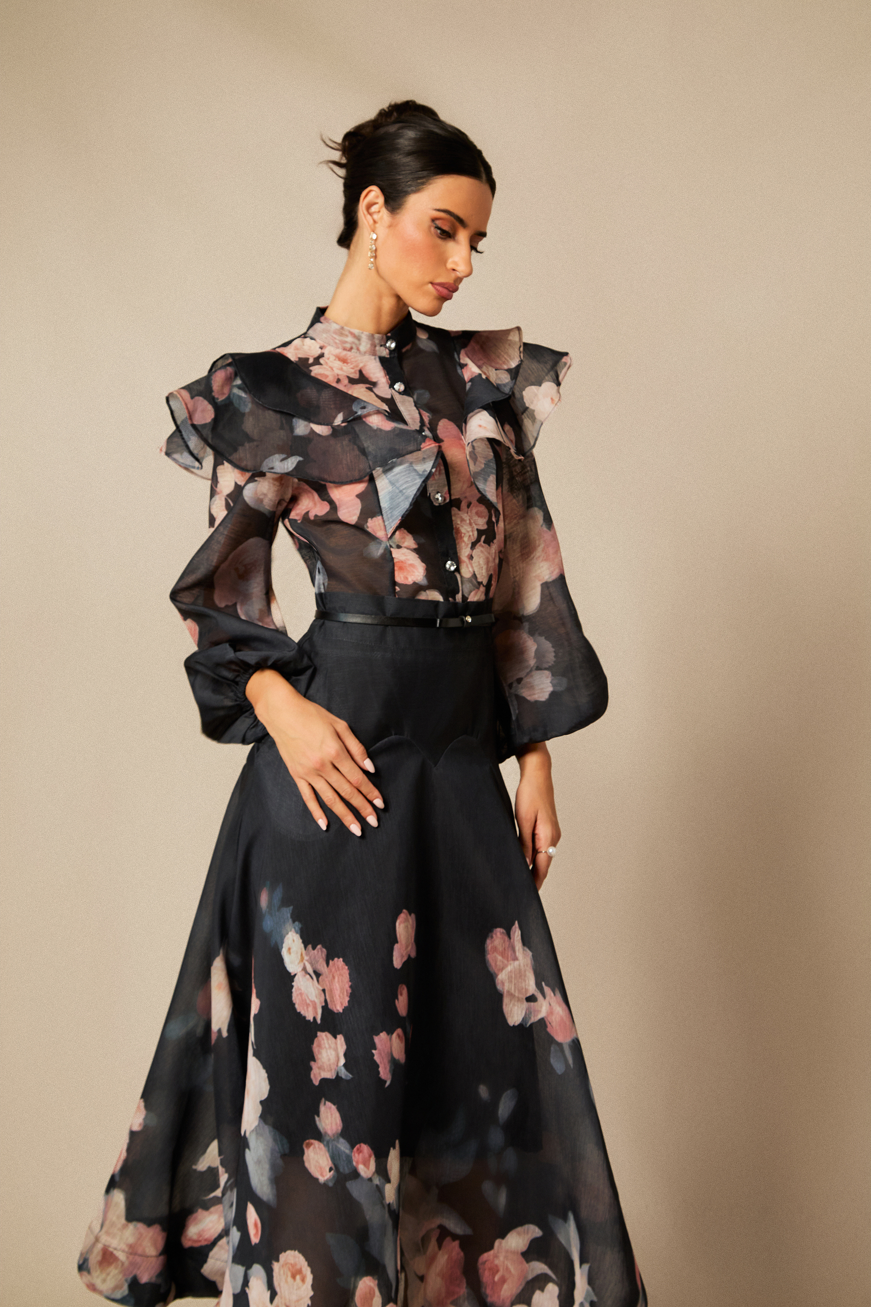 Alexandra Floral Print Lantern Sleeve Shirt & Skirt Set