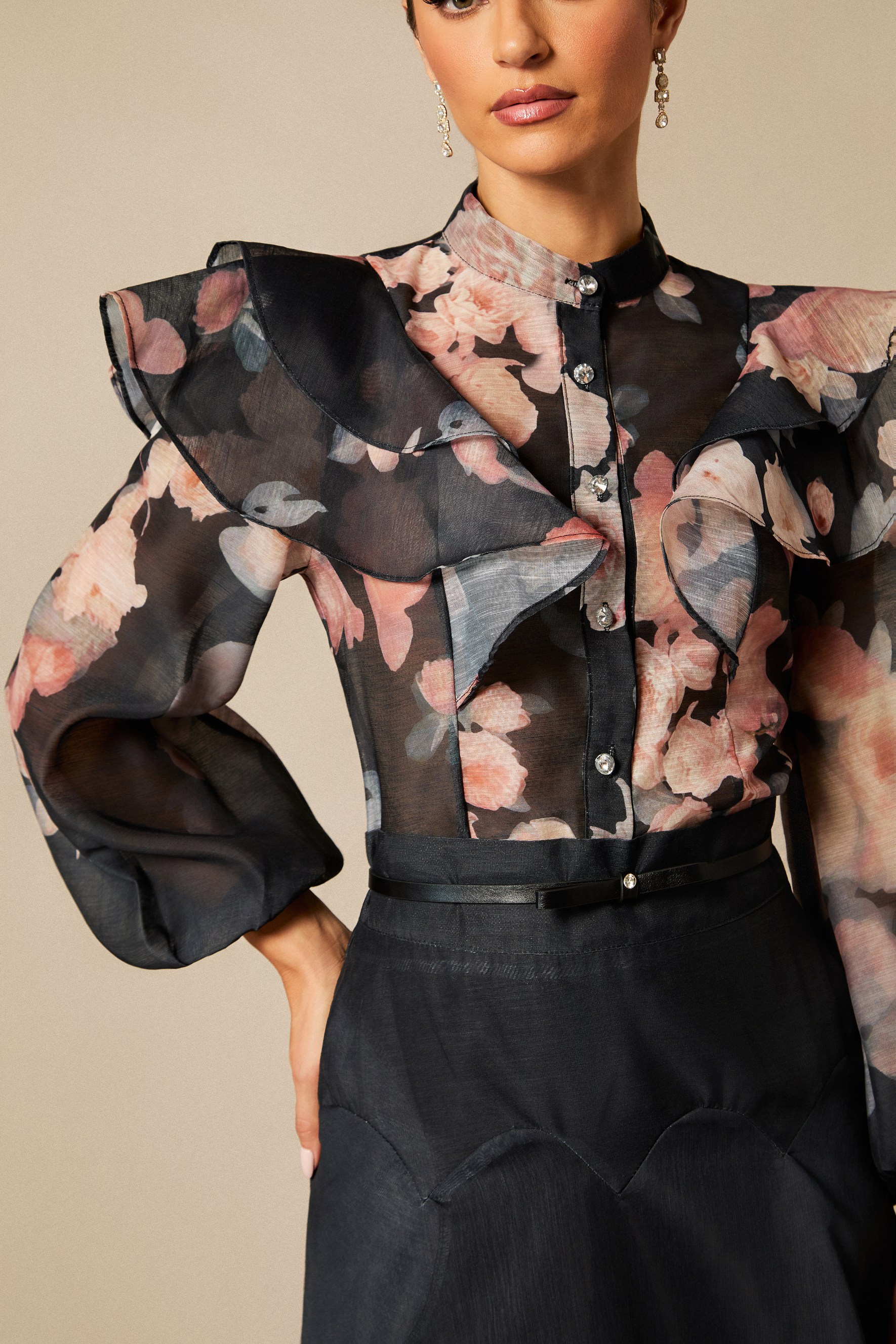 Alexandra Floral Print Lantern Sleeve Shirt & Skirt Set