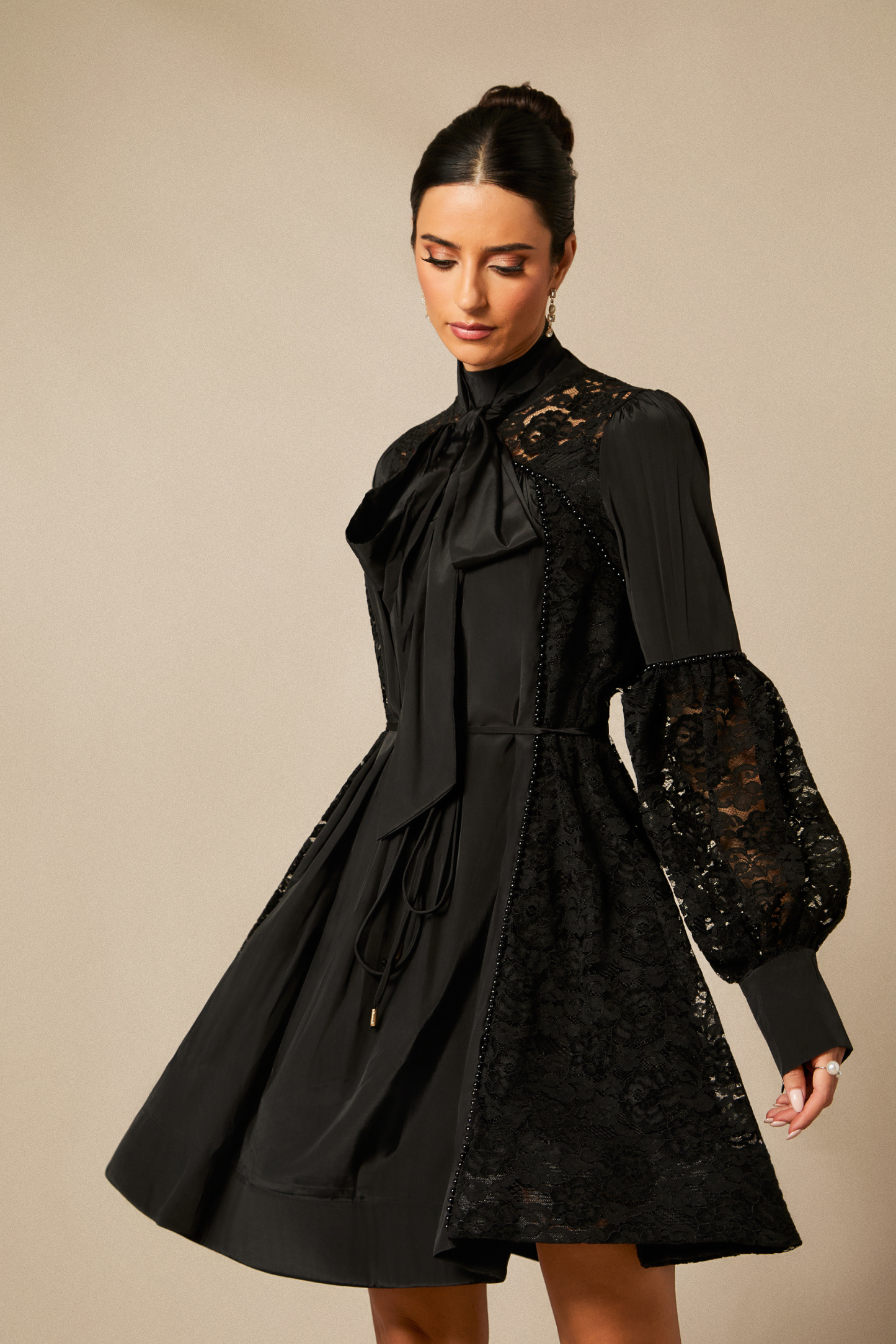 Kella Lace Panel Tie Neck Mini Dress