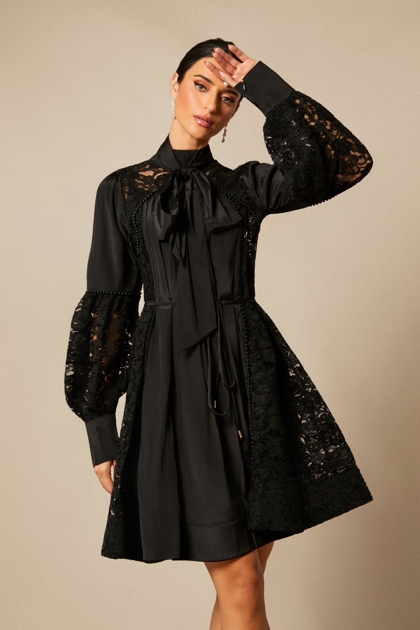 Kella Lace Panel Tie Neck Mini Dress