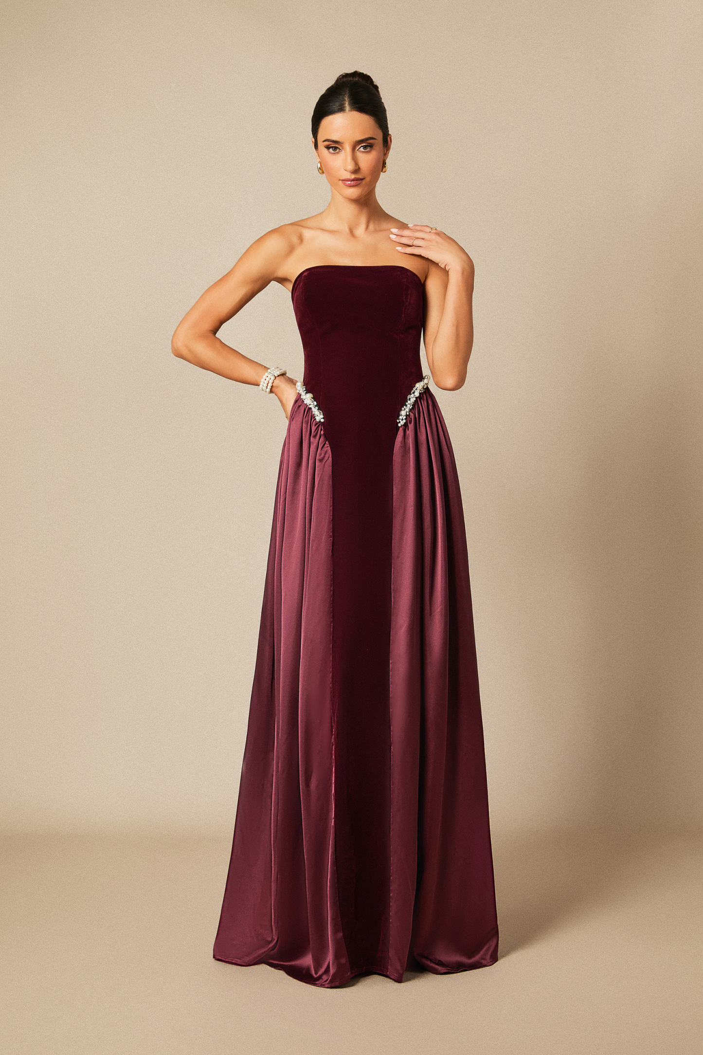 Moira Strapless Pearl Embellished Velvet Maxi Dress