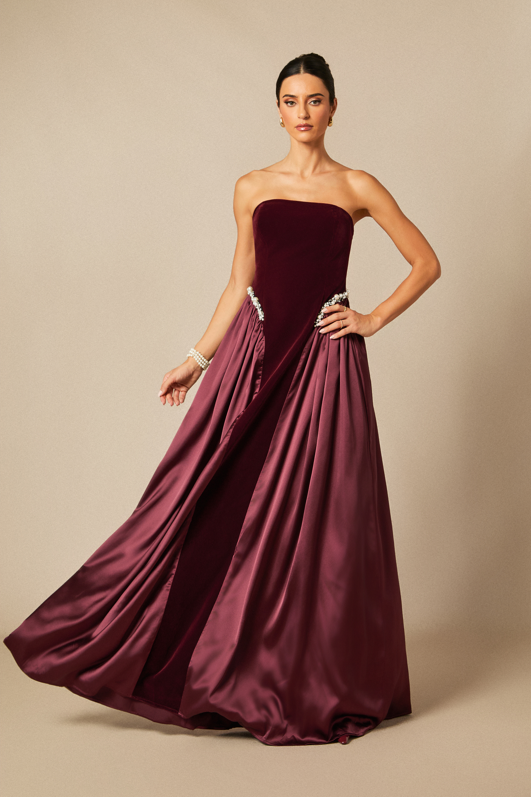 Moira Strapless Pearl Embellished Velvet Maxi Dress