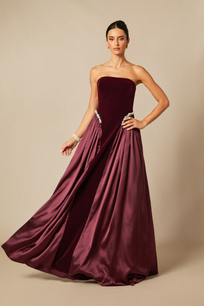 Moira Strapless Pearl Embellished Velvet Maxi Dress
