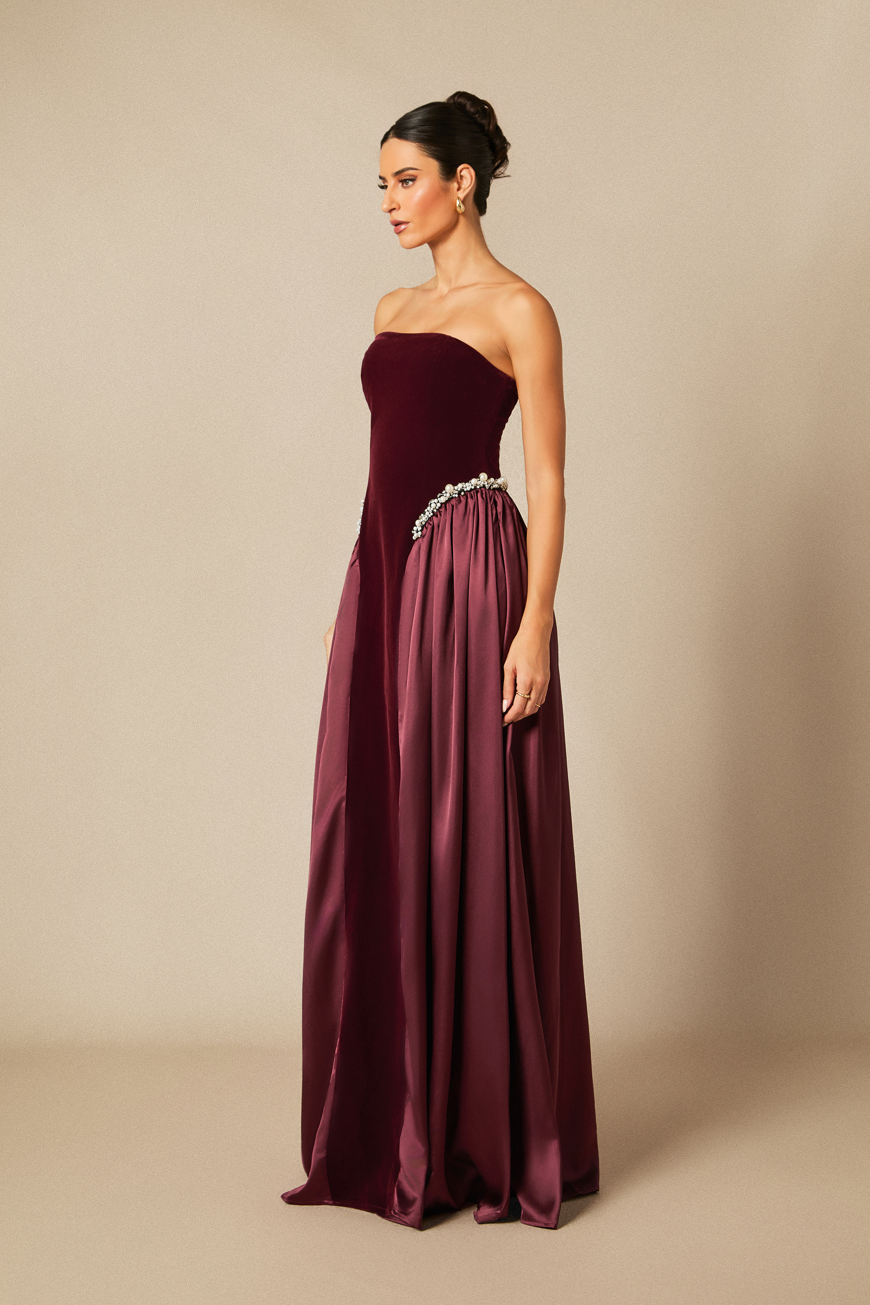 Moira Strapless Pearl Embellished Velvet Maxi Dress