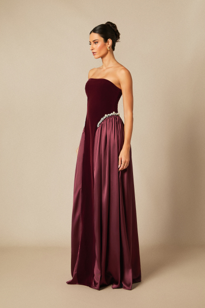 Moira Strapless Pearl Embellished Velvet Maxi Dress