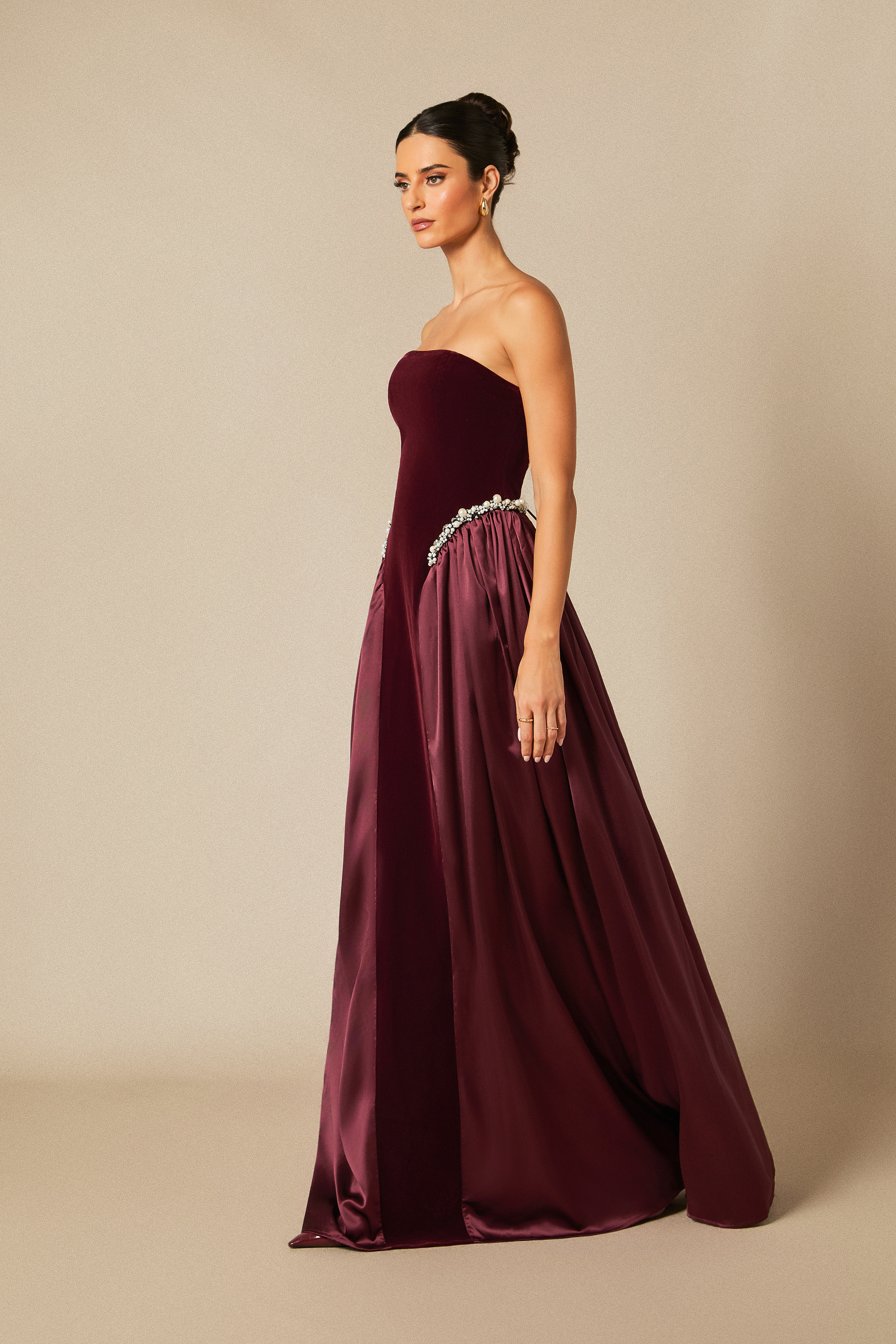 Moira Strapless Pearl Embellished Velvet Maxi Dress