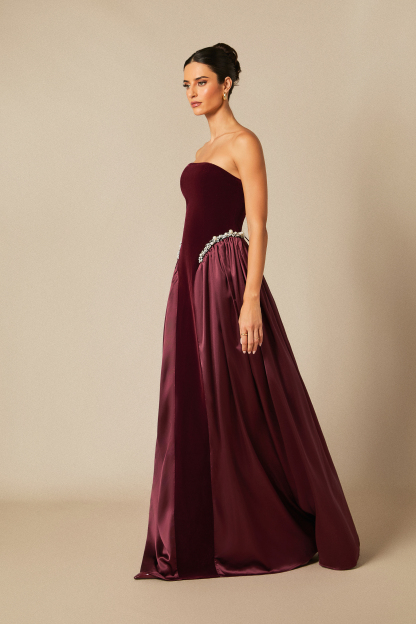 Moira Strapless Pearl Embellished Velvet Maxi Dress