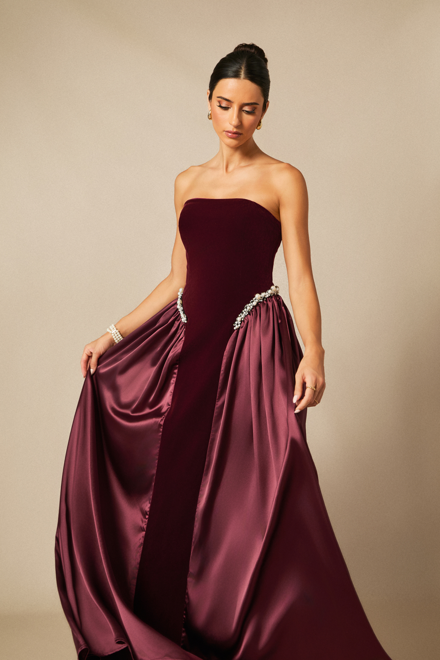 Moira Strapless Pearl Embellished Velvet Maxi Dress