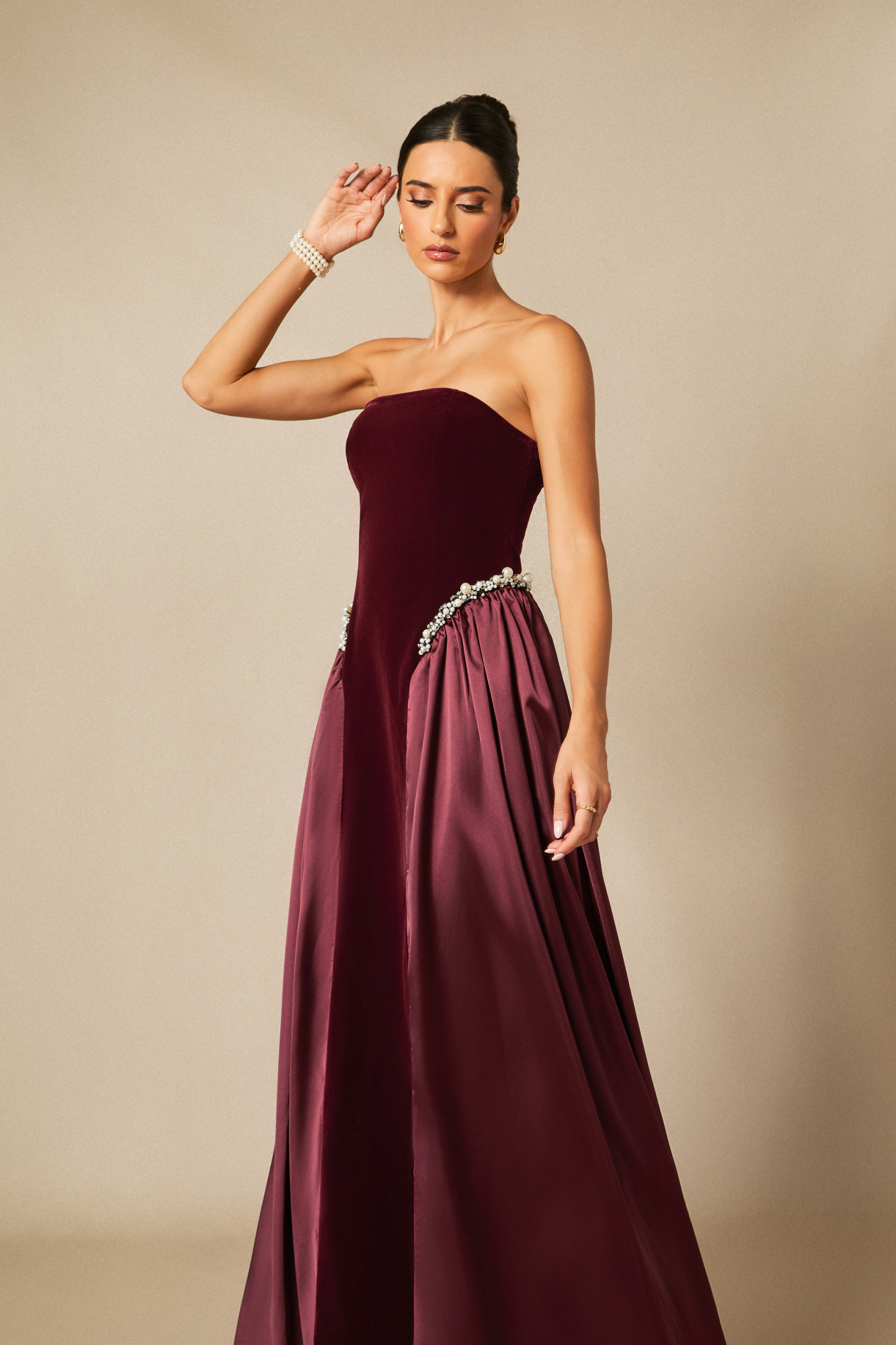 Moira Strapless Pearl Embellished Velvet Maxi Dress