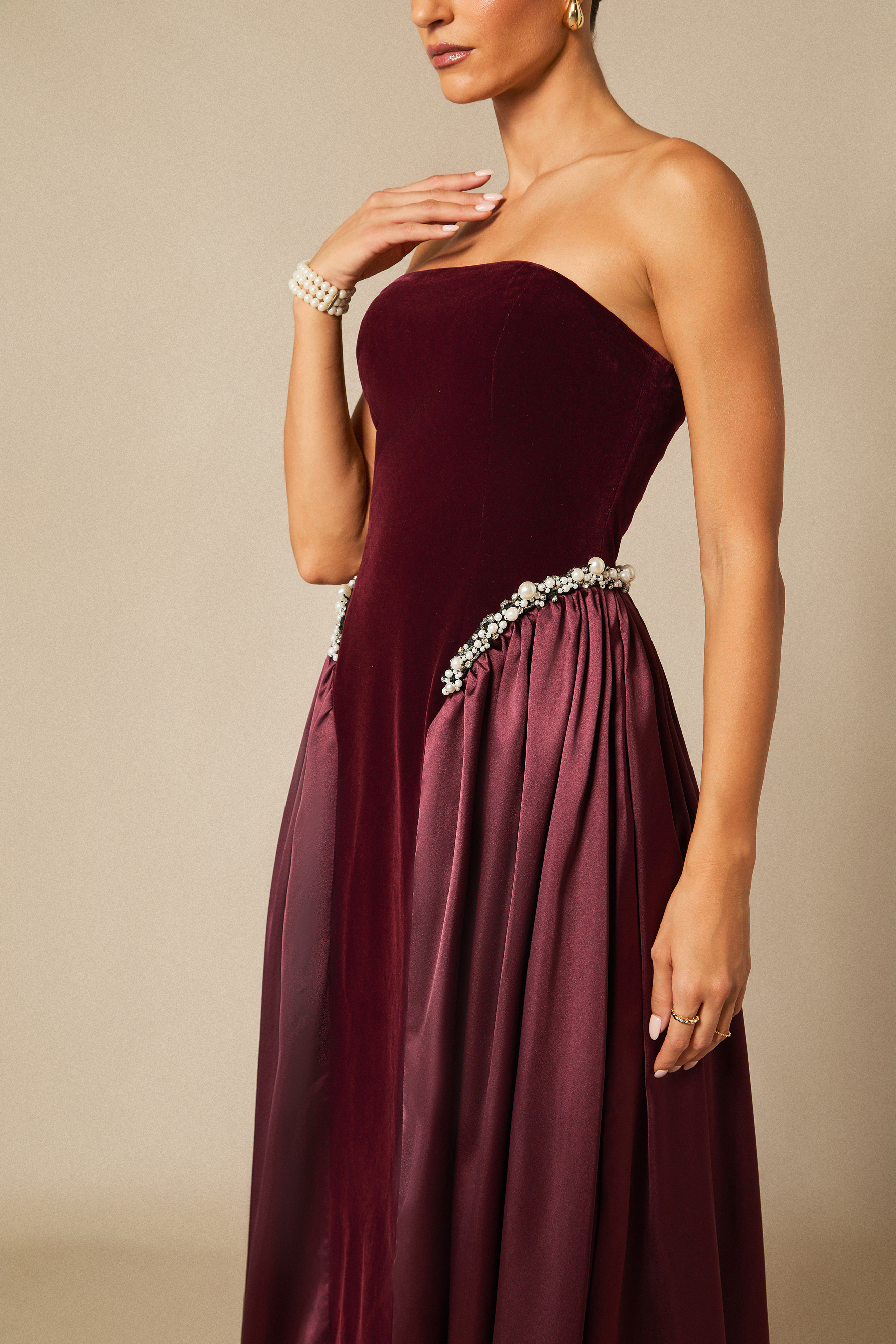 Moira Strapless Pearl Embellished Velvet Maxi Dress