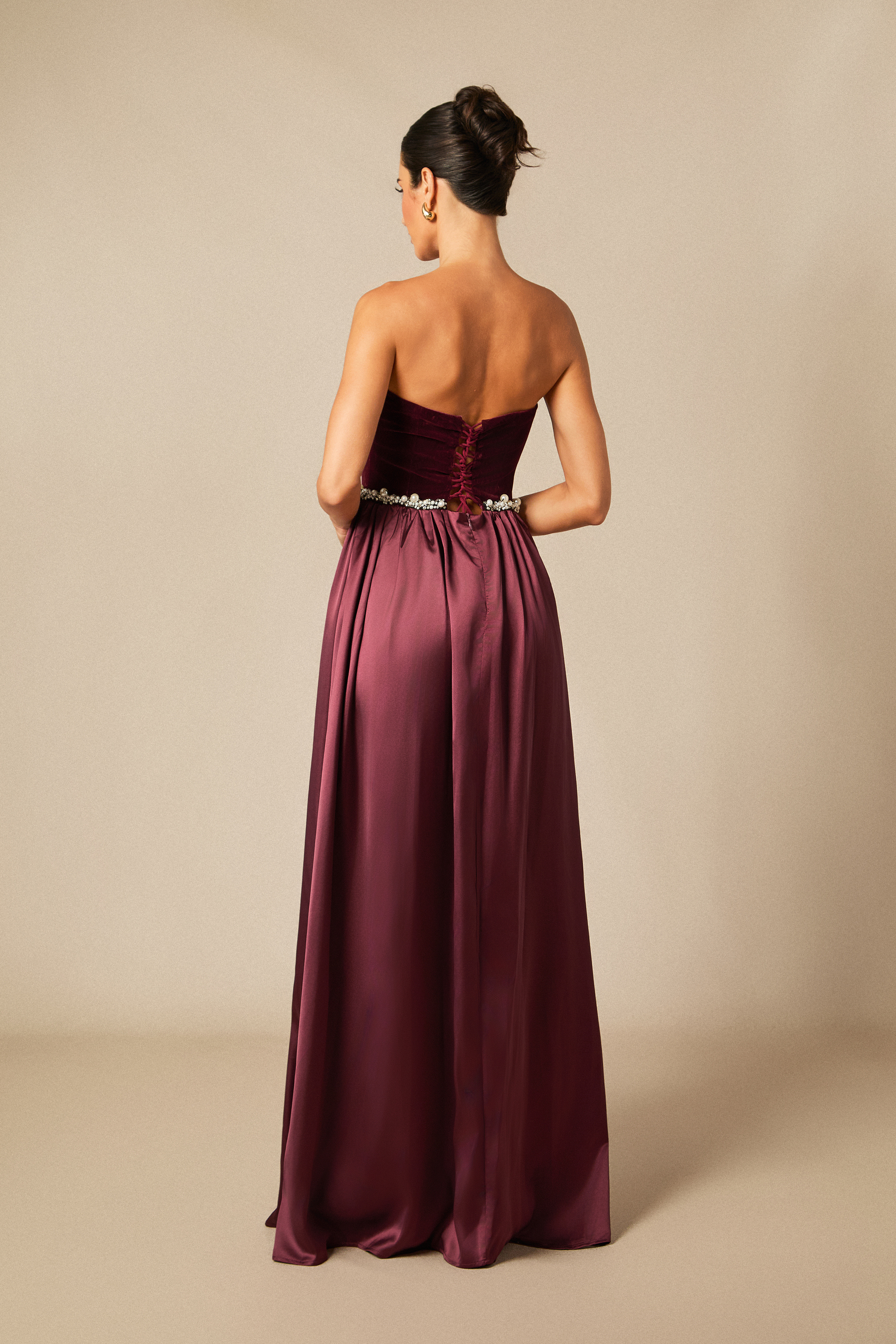 Moira Strapless Pearl Embellished Velvet Maxi Dress