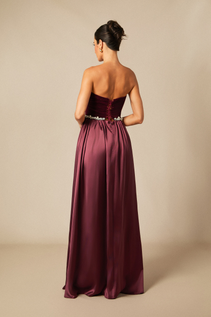 Moira Strapless Pearl Embellished Velvet Maxi Dress