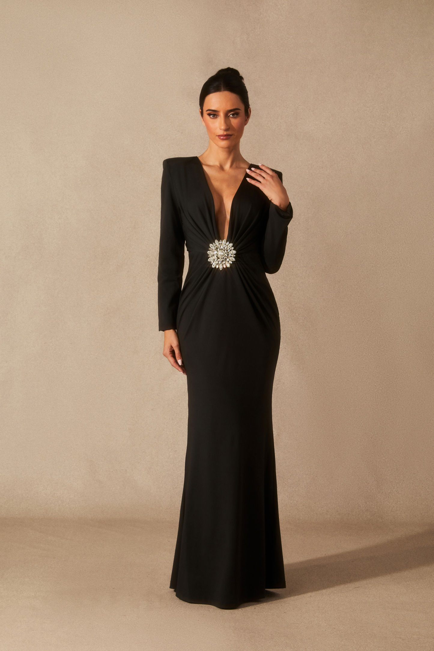 Alexa Deep V Neck Crystal Maxi Dress