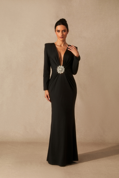 Alexa Deep V Neck Crystal Maxi Dress