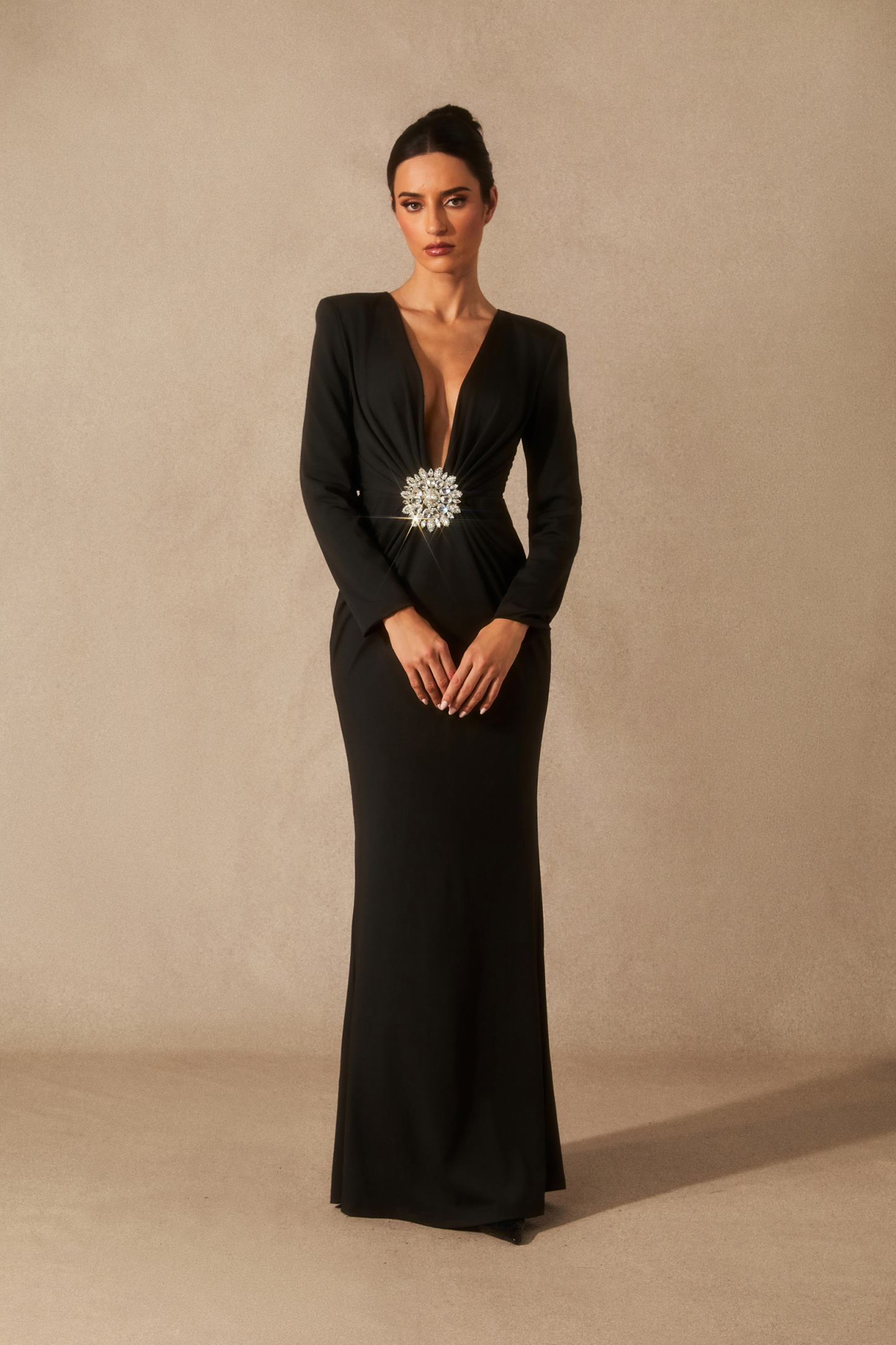 Alexa Deep V Neck Crystal Maxi Dress