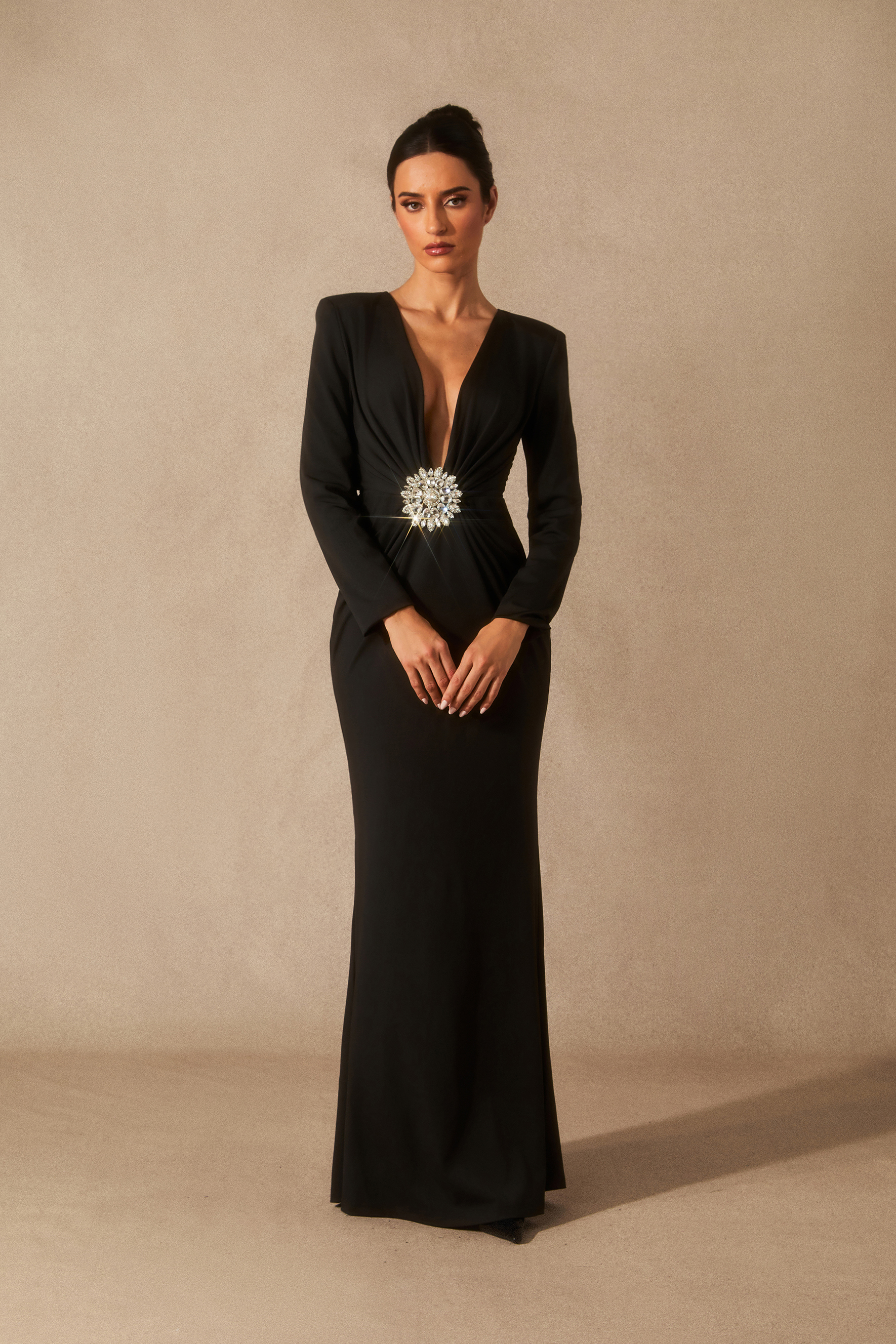 Alexa Deep V Neck Crystal Maxi Dress