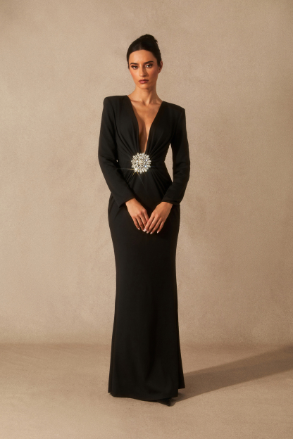 Alexa Deep V Neck Crystal Maxi Dress