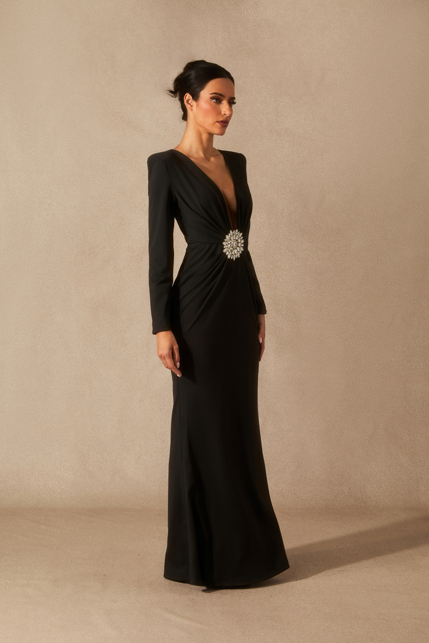 Alexa Deep V Neck Crystal Maxi Dress