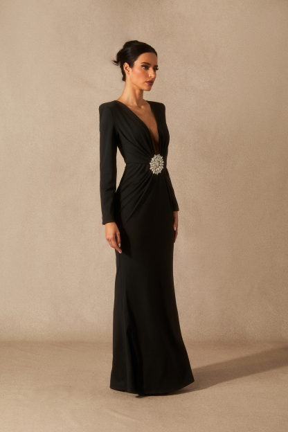 Alexa Deep V Neck Crystal Maxi Dress