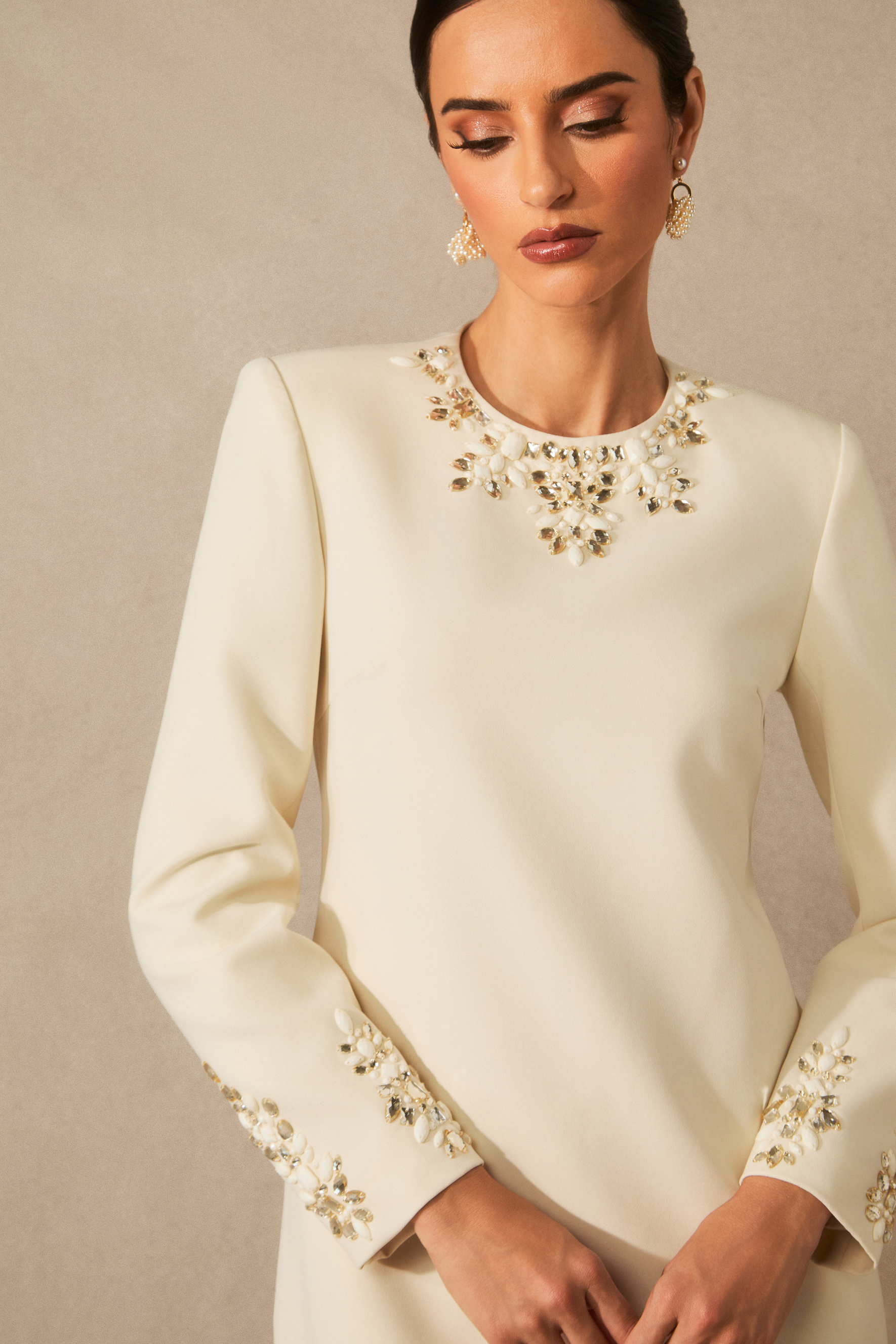 Briana Embellished Neckline Long Sleeve Mini Dress