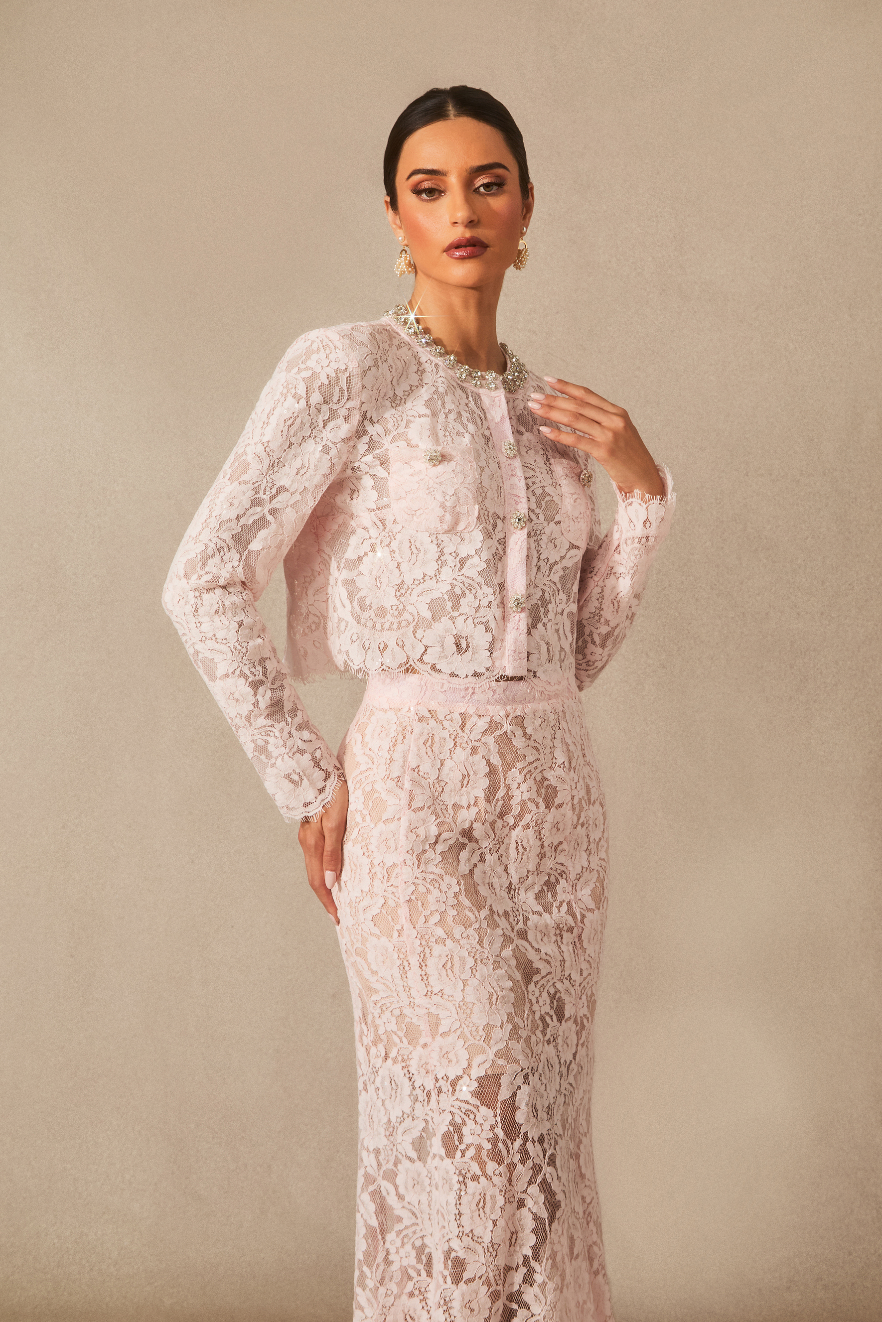 Olivia Long Sleeve Floral Lace Top & Midi Skirt Set