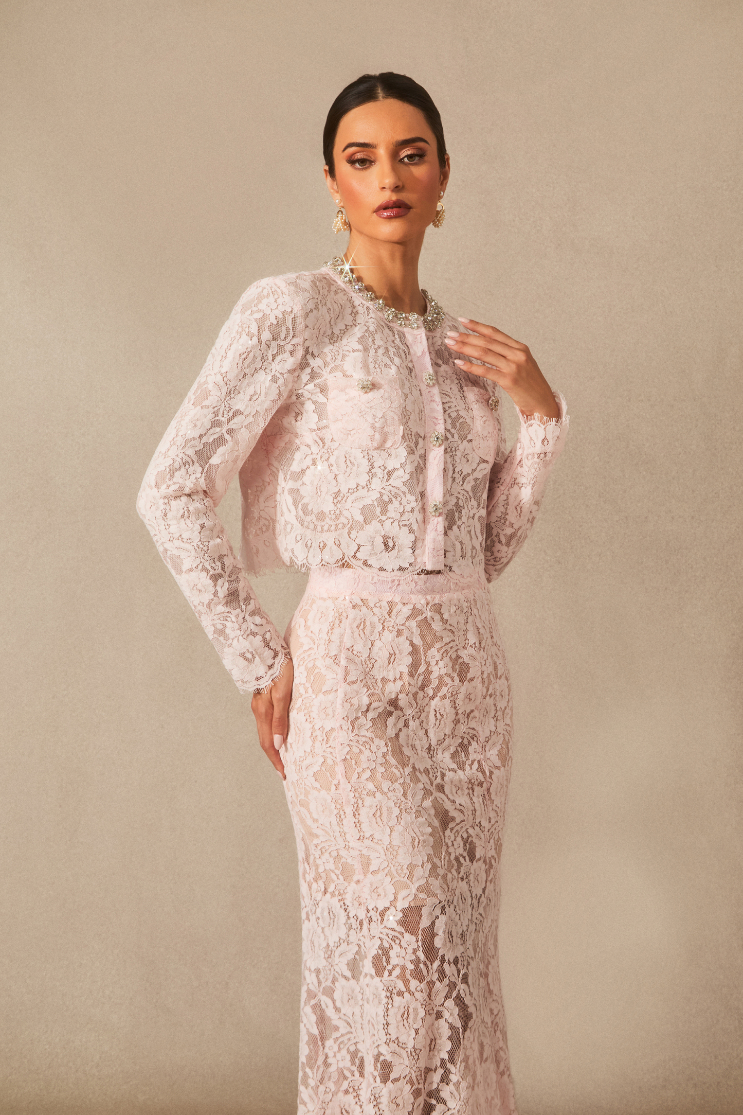 Olivia Long Sleeve Floral Lace Top & Midi Skirt Set