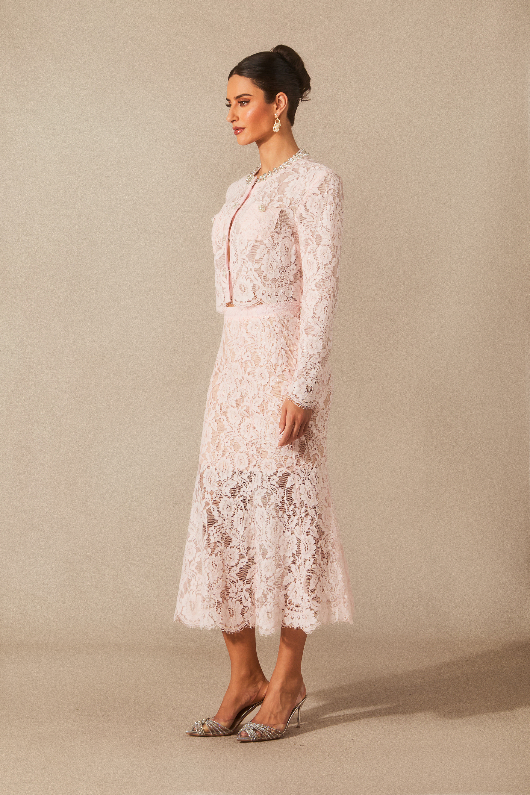 Olivia Long Sleeve Floral Lace Top & Midi Skirt Set