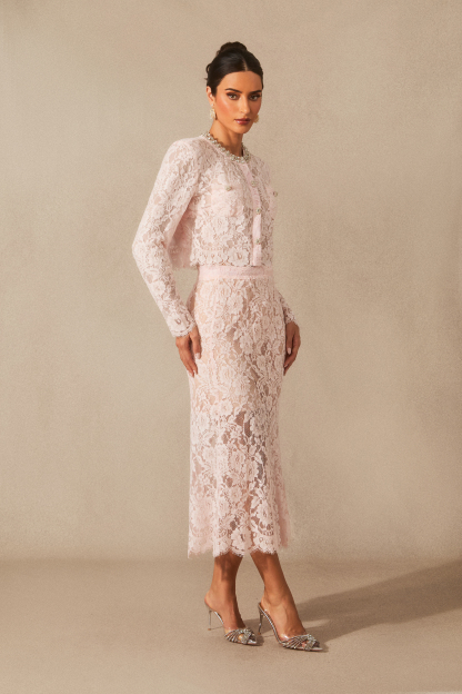 Olivia Long Sleeve Floral Lace Top & Midi Skirt Set