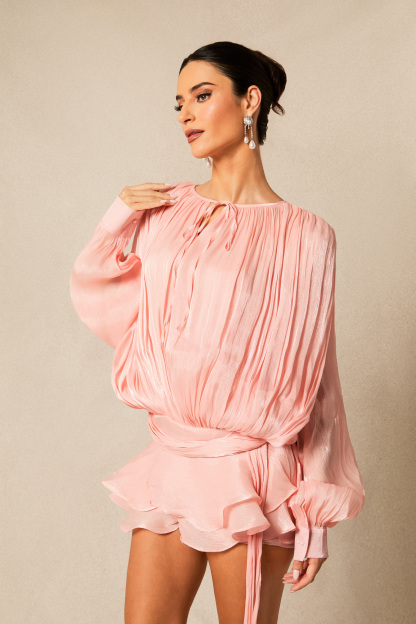 Beryl Pleated Ruffle Hem Mini Dress in Pink