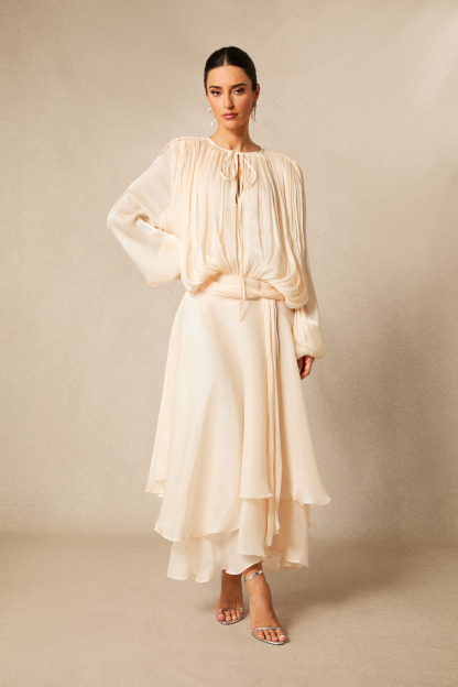 Leanna Long Sleeve Ruffled Hem Midi Dress