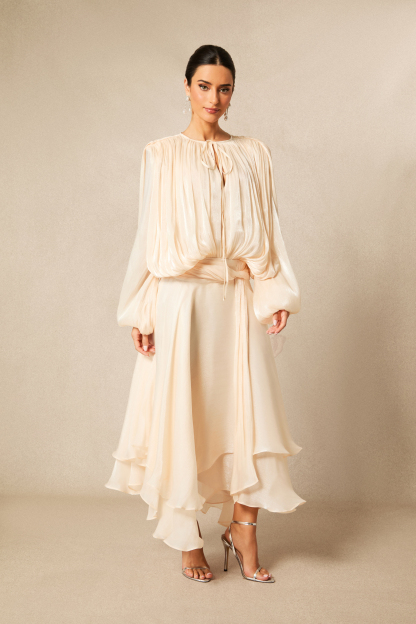 Leanna Long Sleeve Ruffled Hem Midi Dress