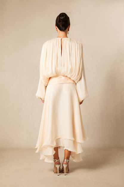 Leanna Long Sleeve Ruffled Hem Midi Dress