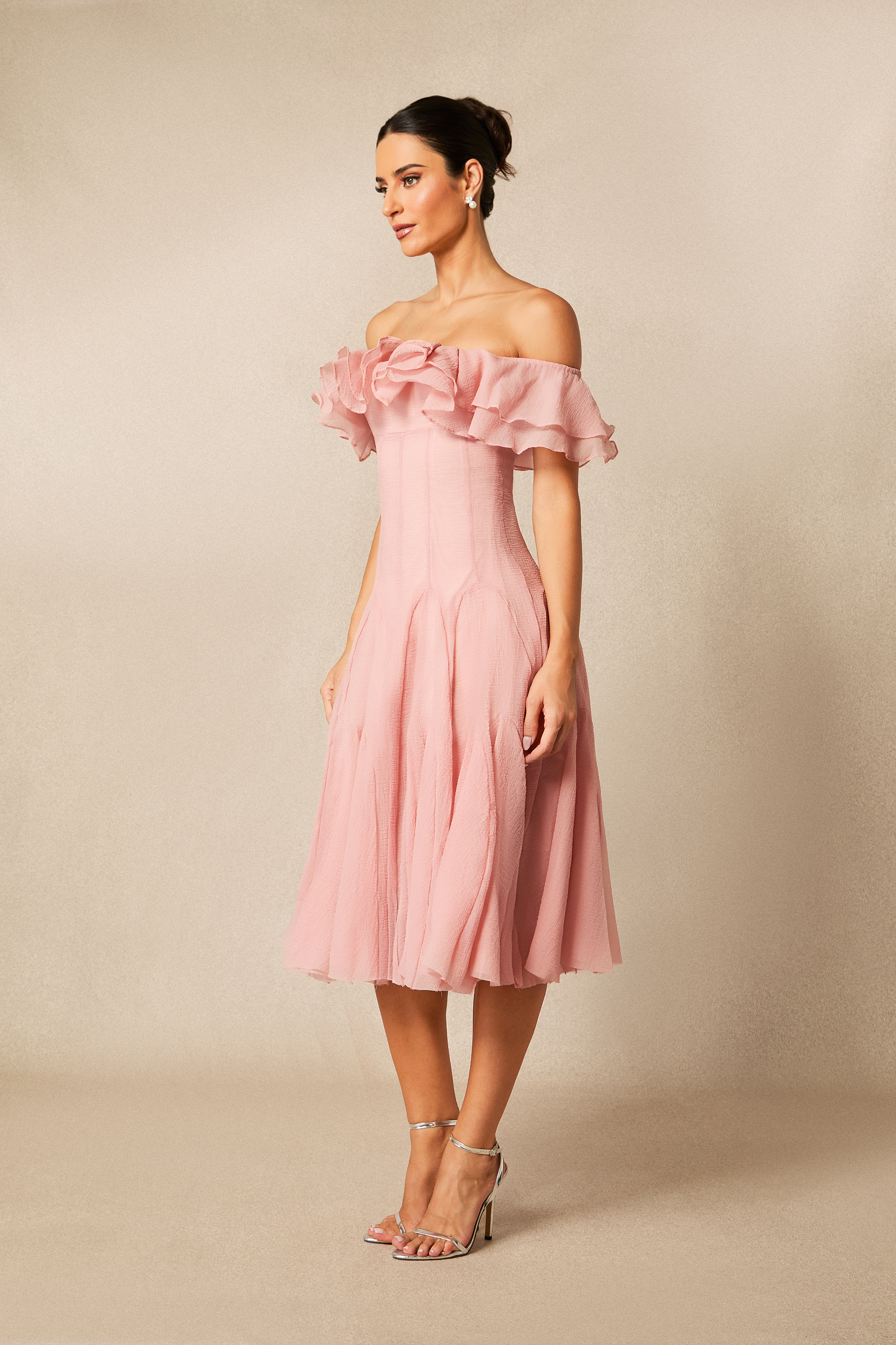 Vita Off-Shoulder Ruffle Midi Dress - Autumn Wedding Guest Dresses