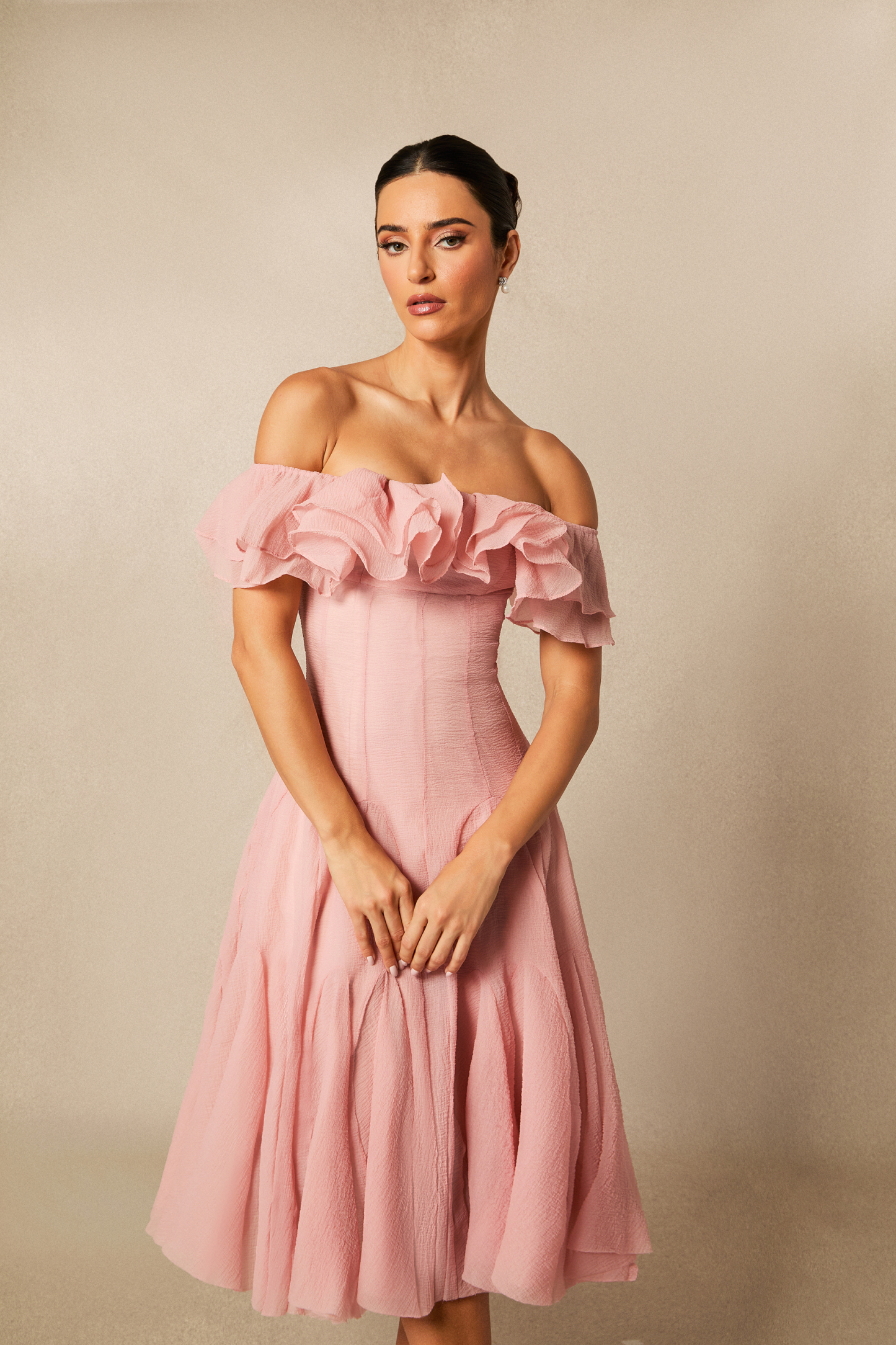 Vita Off Shoulder Ruffle Midi Dress