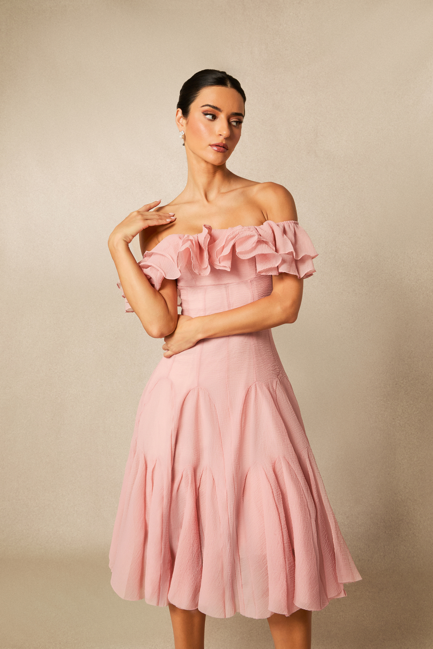 Vita Off Shoulder Ruffle Midi Dress