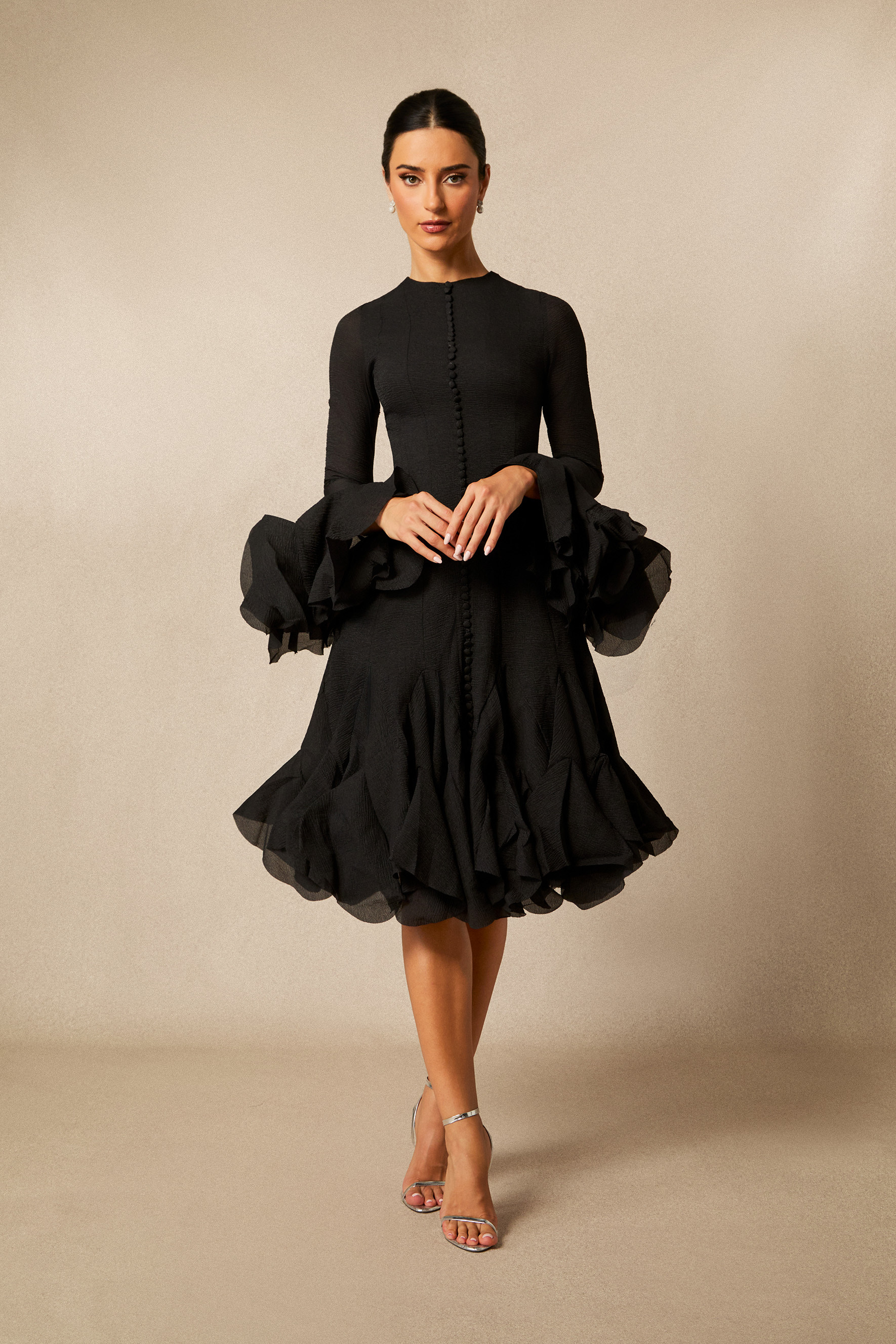 Long Sleeve Midi Dress – Elegant Flared Hem Style for Fall & Events- sunfere