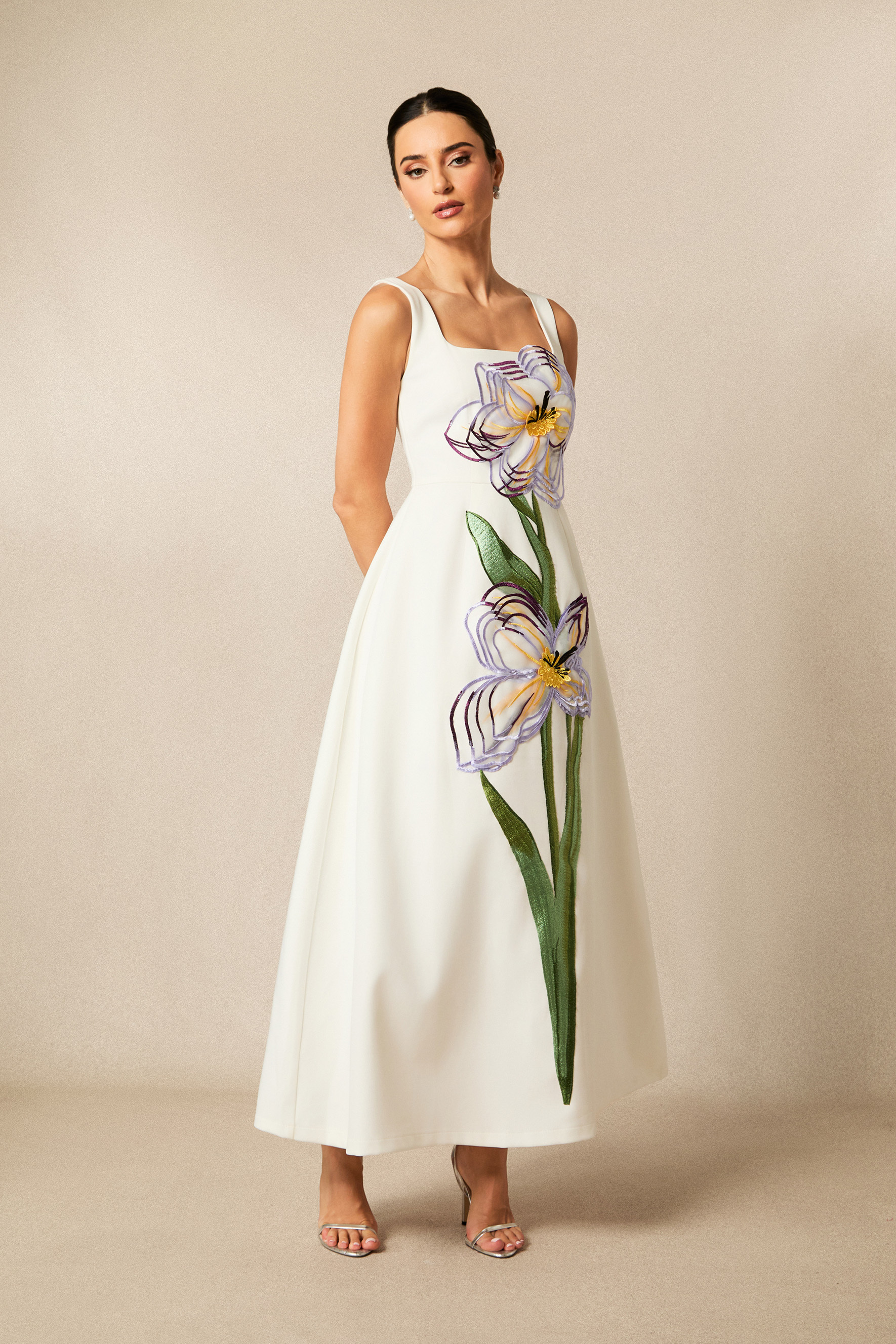 Ariel Floral Applique Square Neck Maxi Dress