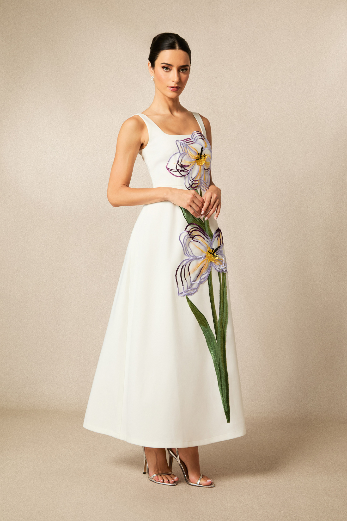 Ariel Floral Applique Square Neck Maxi Dress