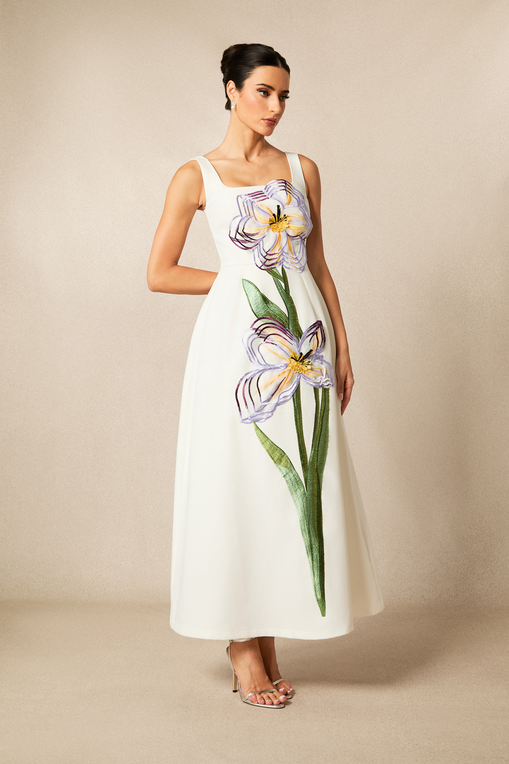 Ariel Floral Applique Square Neck Maxi Dress