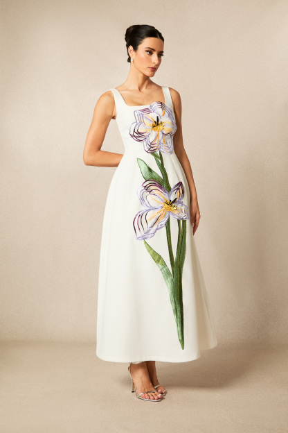 Ariel Floral Applique Square Neck Maxi Dress